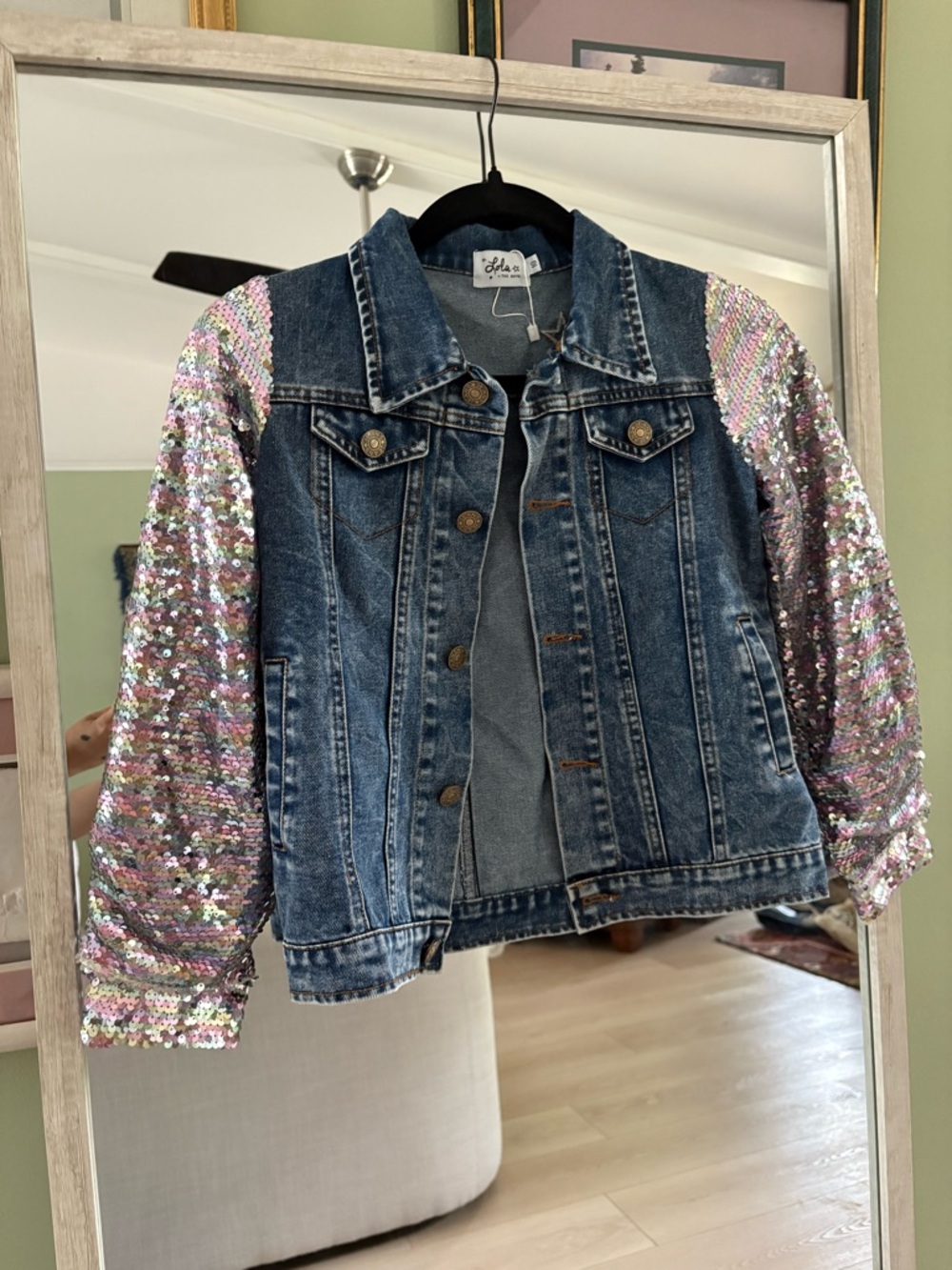 Lola + The Boys Blue Denim Jacket with Iridescent Pink & Silver Sequin Sleeves